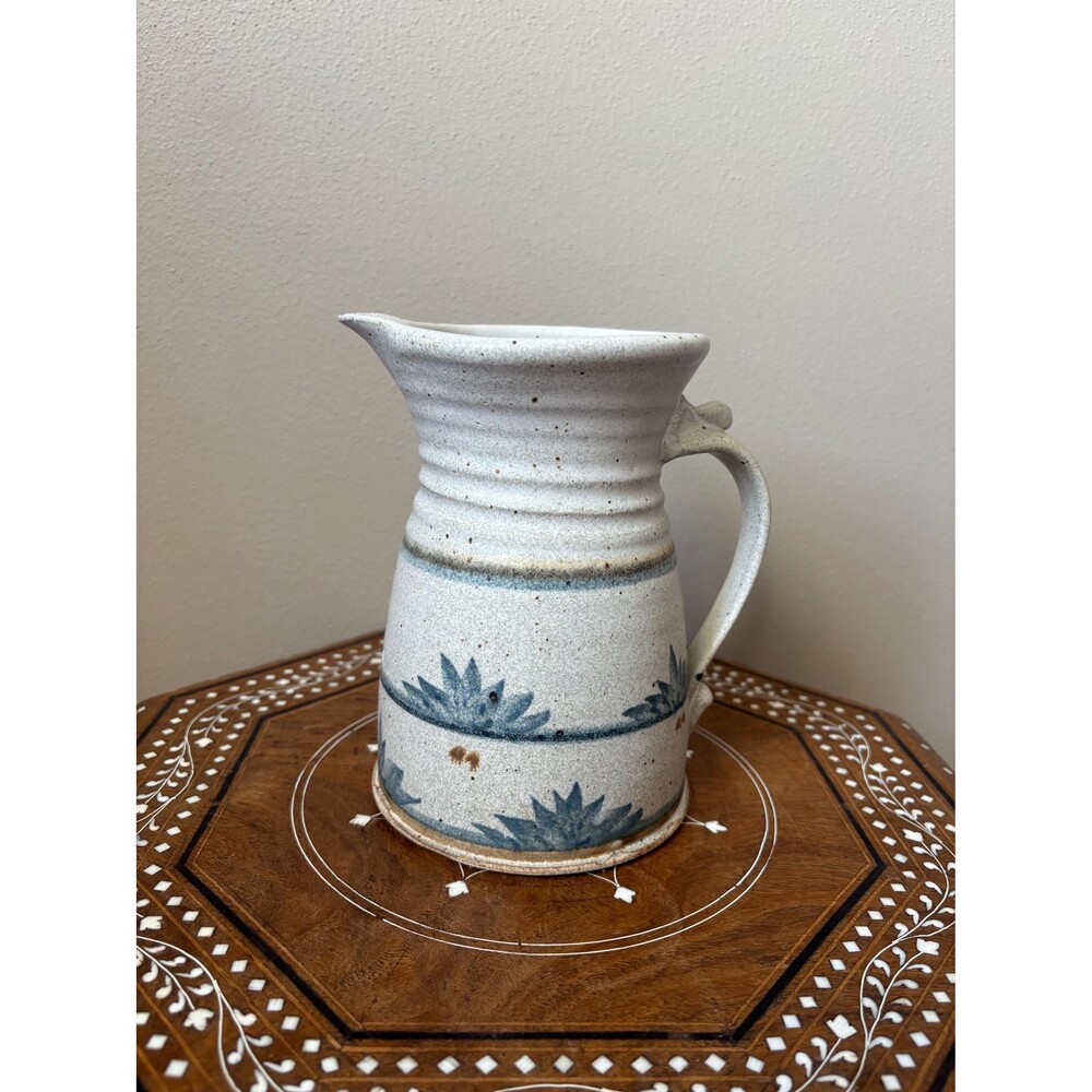 Vintage Speckled Stoneware Pottery Pitcher Vase Blue Florals Leafs Artist Signed